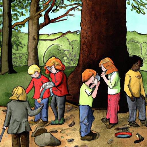 Ge depicting a group of children in a forest setting, each with a magnifying glass, searching under rocks and in trees, clutching a list of items for an outdoor scavenger hunt
