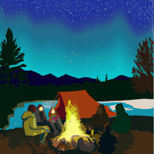 An image of a diverse group of campers huddled around a roaring campfire under a starlit sky, engrossed in storytelling, with shadowy woods and cozy tents in the backdrop