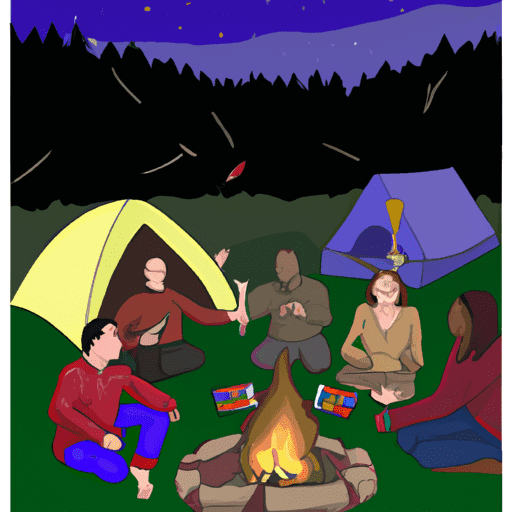 Llic campfire scene with a diverse group of friends enthusiastically acting out charades, under a star-lit sky surrounded by shadowy forest trees and a tent in the background