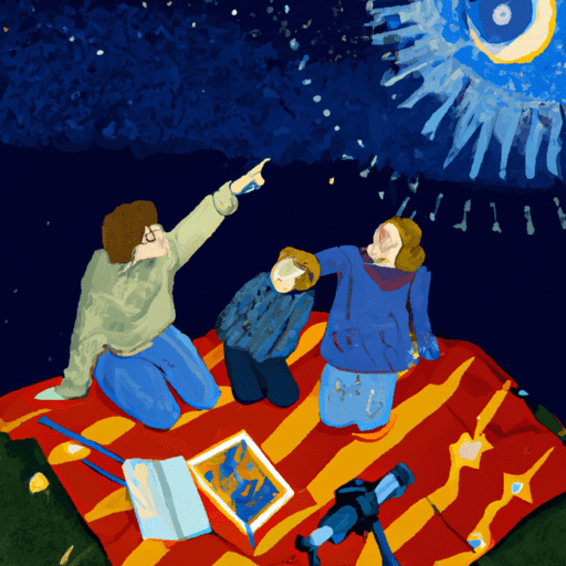 Ge depicting a family camping under a starlit sky, with children pointing at constellations, a telescope nearby, and a board game spread out on a picnic blanket