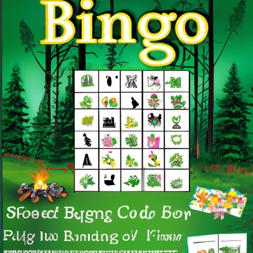  an image featuring a vibrant green forest, a cozy campfire scene, bingo cards filled with illustrations of trees, flowers, animals, and a family joyfully pointing out nature elements