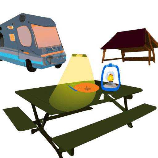 Ate a serene campsite with an RV hooked up to an electrical outlet, a lit campfire, a tent with a glowing lamp inside, and a picnic table with a portable electric grill