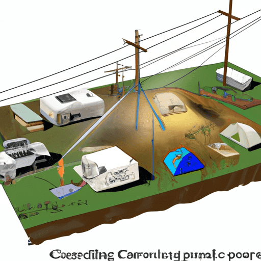  detailed cutaway view of a powered camping site with underground power lines, electricity poles, connected tents, and a generator in the background