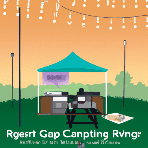Y a serene camping site with RVs plugged into power stations, happy campers using electric grills, charging their devices, and glowing lanterns illuminating a comfortable, well-equipped camp at night
