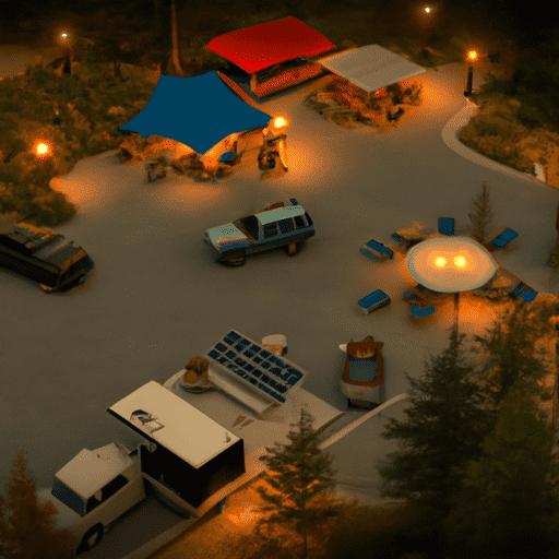  bustling powered camping site at dusk, highlighting solar panels, RVs, power outlets, a campfire, and campers enjoying amenities like outdoor cooking, lighting and charging devices