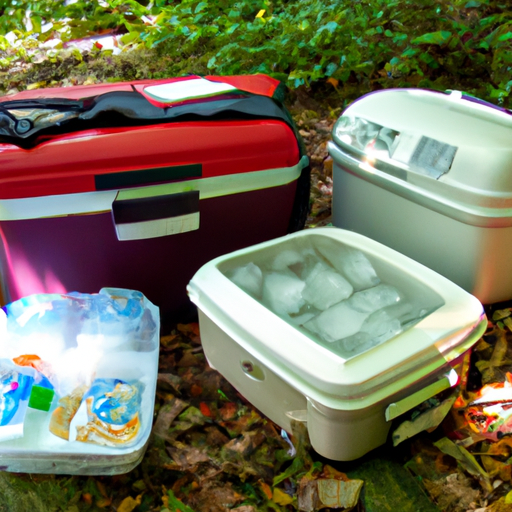 Ge showcasing different types of insulated coolers, filled with ice packs and various camping foods, placed in a shaded woodland camping setting