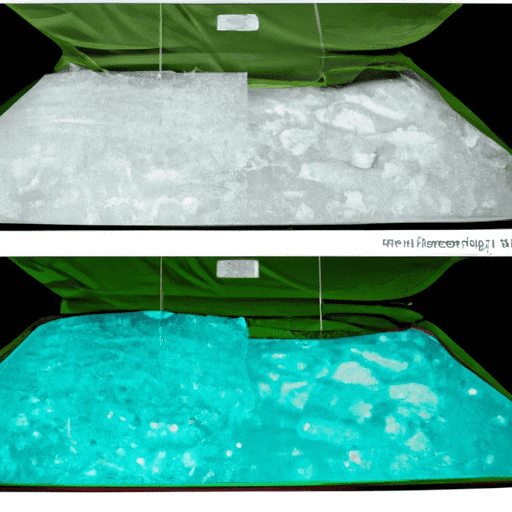  an image showing a split view: one side displaying melting regular ice in a cooler, the other showing ice packs keeping food cold in a similar camping cooler setup