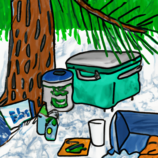 N image of a cooler surrounded by ice packs, placed under a shaded tree, with camping gear in the background, and a variety of food items peeking out from the cooler