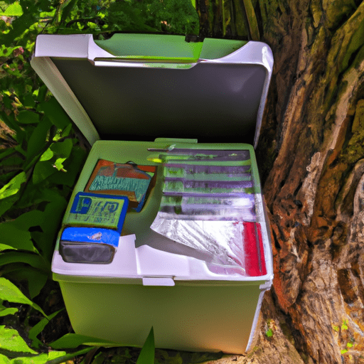 N cooler nestled among woodland foliage, filled with ice packs, assorted food items, and a thermometer indicating a cold temperature, under the shade of a large tree