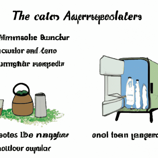  nature-inspired, hand-drawn infographic illustrating a cooler, an evaporative fridge, a zeer pot, and a makeshift stream refrigerator all being used at a campsite