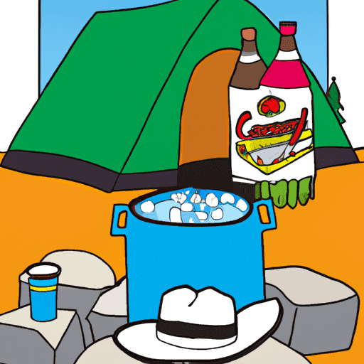 Ge depicting a campsite with a cooler filled with ice, food items, a tent in the background, and a camper wearing a hat, holding a cold drink and chilling near the campfire