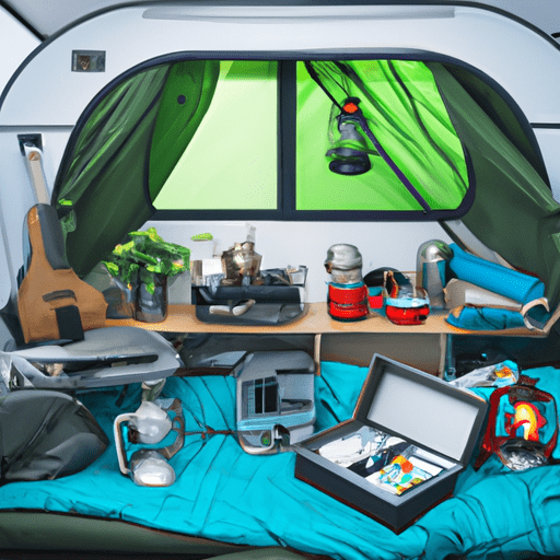 N organized caravan interior displaying camping gear like a portable stove, sleeping bags, solar panels, water filters, lanterns, and a first aid kit, set against a wilderness backdrop