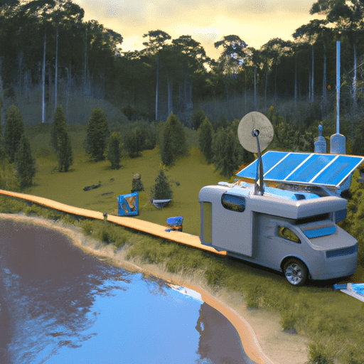 -grid caravan parked in a serene forest, showcasing solar panels on the roof, wind turbine nearby, a rainwater collection system, and a stream in the background for water supply