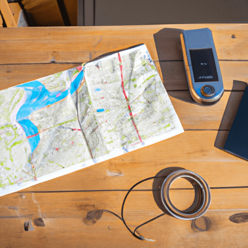 Ge of a caravan in a remote location with a compass, map spread out, satellite phone, handheld GPS device and a walkie-talkie on a wooden picnic table