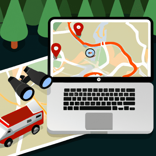  map with highlighted areas, a caravan parked in a lush forest clearing, binoculars, a compass, and a laptop displaying a camping site finder application