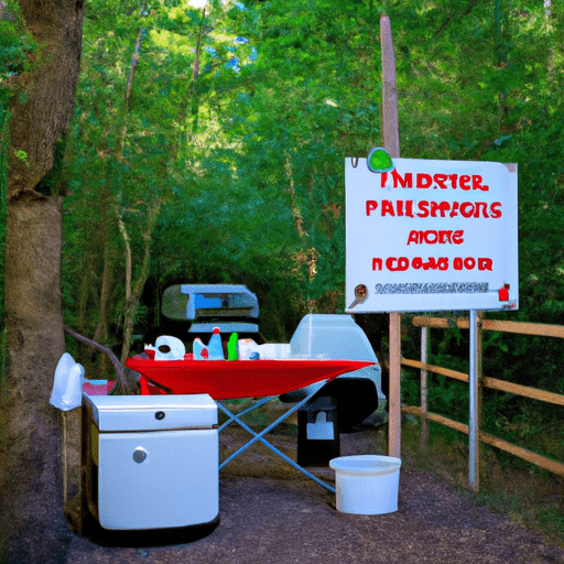Ge showing a well-arranged caravan campsite in a secluded forest, complete with safety equipment like fire extinguisher, first aid kit and a clear waste disposal area to display etiquette