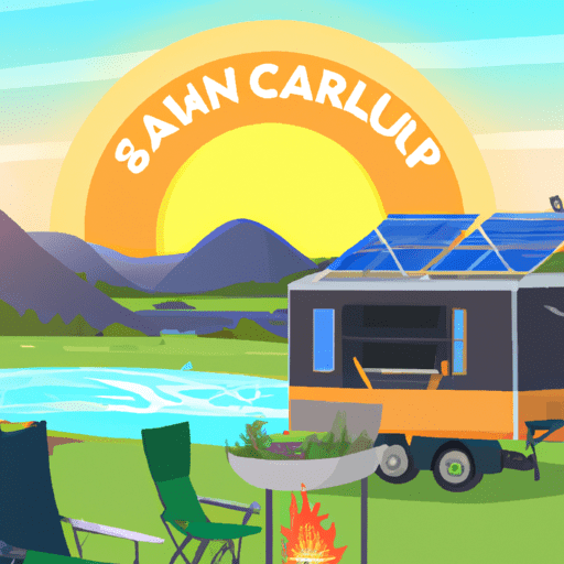 fully set up caravan amidst lush nature, solar panels on the roof, a rainwater collection system, and a campfire nearby with foldable chairs and a portable gas stove