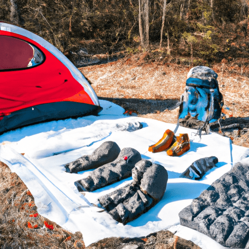 Ay of warm camping gear including insulated sleeping bags, thermal wear, a portable heater, fur-lined boots, and a double-walled tent, all arranged neatly on a frosty forest backdrop