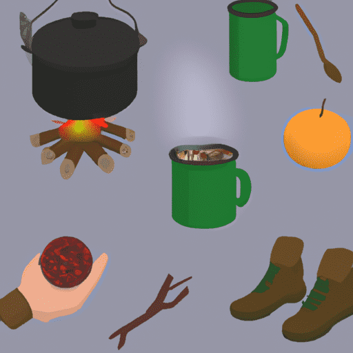N image of a camper wearing warm attire, sitting by a campfire, eating a nutritious meal made up of fruits, nuts, and steaming hot soup from a thermal flask