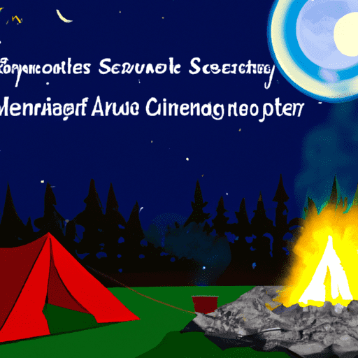 responsibly managed campfire, with a safety circle of rocks, in a forested campsite with a small tent nearby, under a starry sky, with a thermal blanket draped over the tent