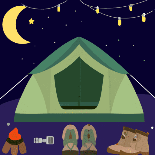 Ize a cozy camping scene at night: a tent under the stars, a sleeping bag, thermal clothes, wool socks, and a lantern inside the tent emitting a warm, inviting glow
