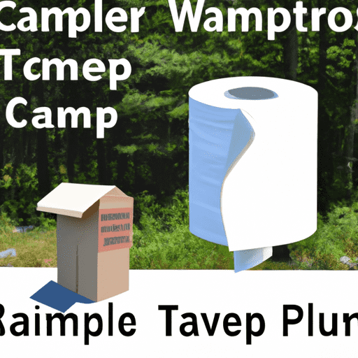  camping toilet, a camper using biodegradable toilet paper, a sealed waste disposal bag, and a designated waste disposal site in a forest setting