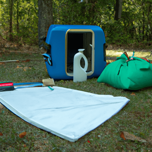 Ge showing a disassembled camping toilet, cleaning supplies nearby, and a storage bag ready for packing, all set against a backdrop of a tranquil forest camping site