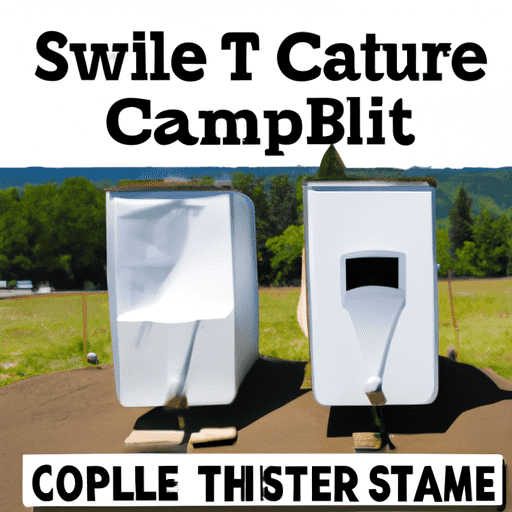 Ifferent types of camping toilets side by side, each with distinctive features like size, portability, and design, with a backdrop of a serene camping site