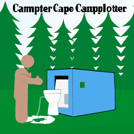 Ge illustrating a camper demonstrating the correct usage of a portable camping toilet in a secluded, forested campsite