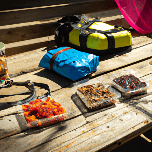 Ortment of dried fruits, jerky, dehydrated vegetables, and trail mix spread out on a rustic wooden table, with camping gear in the background