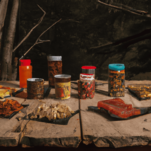  an image featuring a variety of non-perishable snacks such as granola bars, trail mix, canned tuna, dried fruits, and beef jerky, all spread out on a rustic wooden table against a forest backdrop