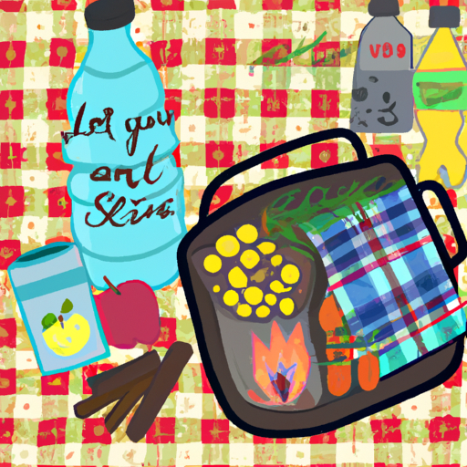 Ize an open campfire with a cast iron skillet, canned foods, trail mix, fresh fruits, and a filled water bottle arranged neatly on a checkered picnic blanket in a forest setting