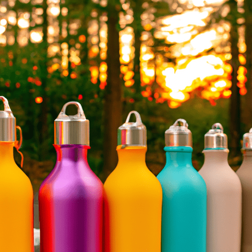 Ize an array of insulated flasks and reusable water bottles filled with colorful, refreshing drinks, set against a backdrop of a serene forest campsite at sunset