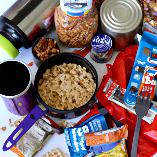 Ortment of non-perishable foods including canned beans, trail mix, jerky, instant soup packets, whole grain crackers, peanut butter, alongside camping cookware like a portable stove