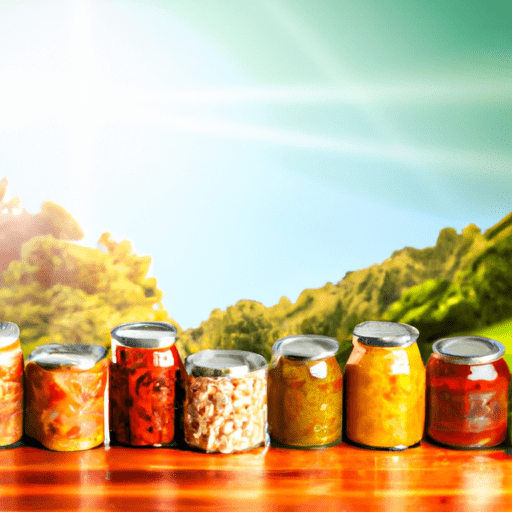 Ize an assortment of canned goods - beans, fruits, vegetables, tuna - arranged on a rustic wooden table against a backdrop of lush forest under a clear, sunny sky