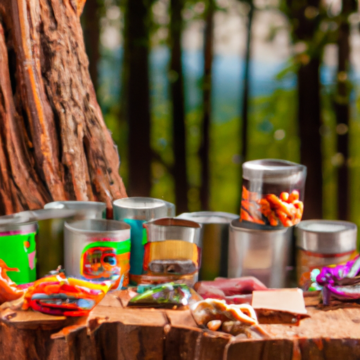 Y an array of non-perishable camping food items, including canned beans, trail mix, whole fruits, jerky, and packet tuna, arranged neatly on a rustic wooden table against a forest backdrop