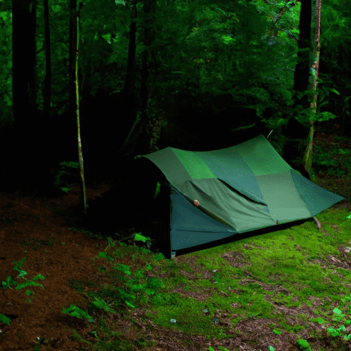 Ge showing a camouflaged tent nestled in a dense forest at dusk, with backpacking gear discreetly hidden, symbolizing the secrecy and necessity of stealth camping