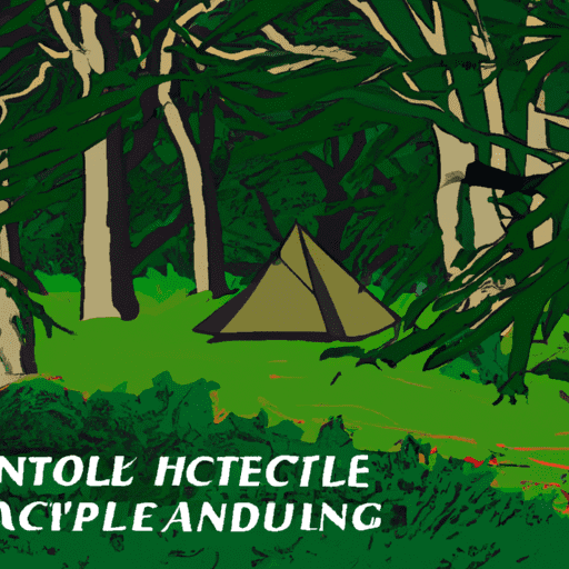  an image showing a camouflaged tent hidden in a dense forest, a hiker leaving no trace, and a person quietly observing wildlife, to depict the rules and etiquette of stealth camping