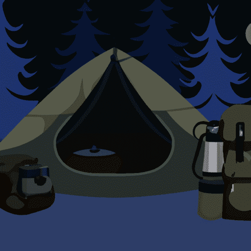 N image of a pitch-black tent blending in a dense forest at night, surrounded by essential stealth camping gear like a camouflage backpack, compact cooking stove, and a headlamp with red light