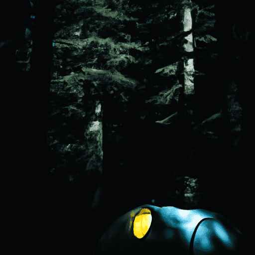 Etectable tent nestled in a dense forest at night, with a silhouette of a lone camper against faint moonlight, practicing minimal impact camping with no trace left behind
