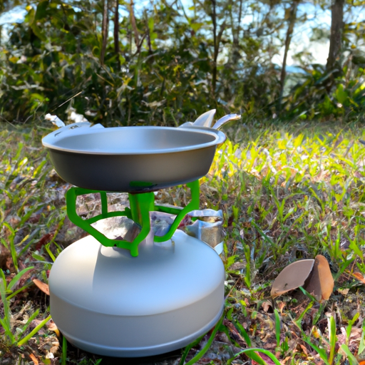 Anized campsite with a portable gas stove, cast-iron skillet, lightweight utensils, collapsible pots, and a water purifier, all surrounded by picturesque forest scenery