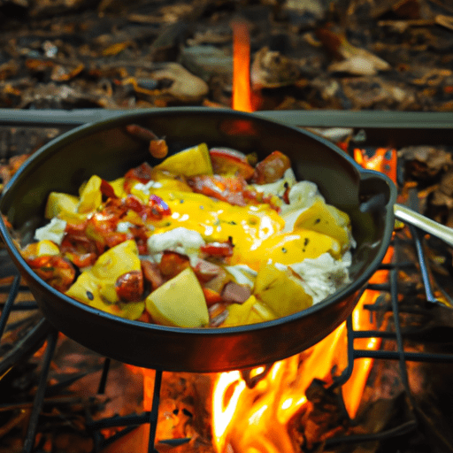 Of a sizzling cast iron skillet over a campfire, filled with scrambled eggs, bacon, and diced potatoes, surrounded by lush forest scenery in early morning light