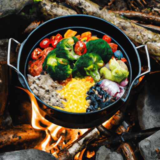 N open campfire with a cast-iron pan, sizzling with colorful vegetables, lean protein, and whole grains, surrounded by lush forest scenery