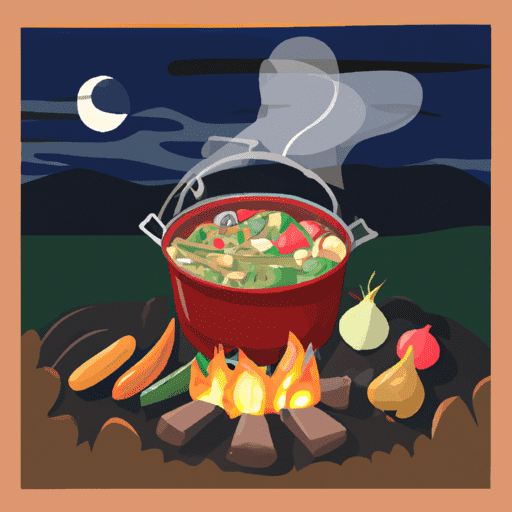 Ize a rustic campfire with a cast iron skillet, sizzling with a hearty stew, surrounded by fresh vegetables and raw ingredients under a twilight sky