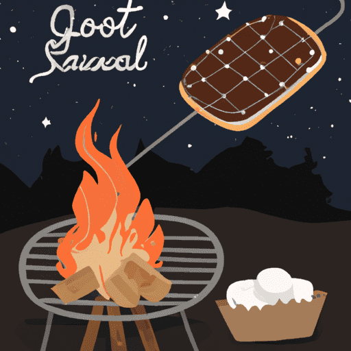 Of a campfire under starry night sky with marshmallows roasting on sticks, chocolate bars, graham crackers, and a rustic pie baking on the grill rack