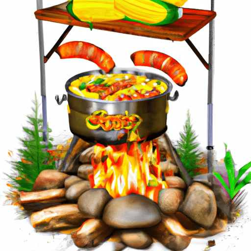 Ize an inviting campfire with a hanging cast-iron pot, sizzling skewered sausages, corn on the cob in foil, and a rustic picnic table laden with colorful camping cookware and fresh ingredients