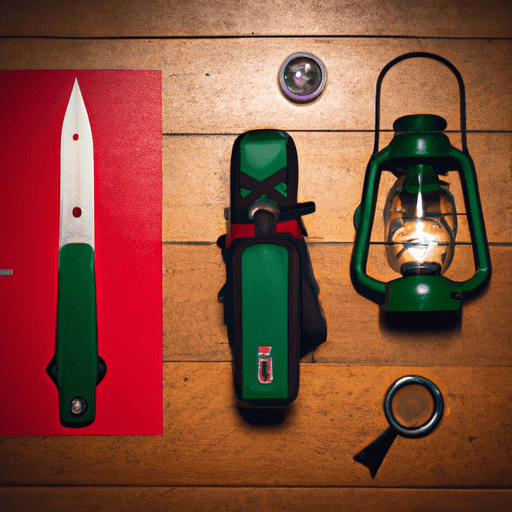  an image featuring essential camping tools: a glowing lantern, a sturdy multi-tool, a red swiss army knife, a durable compass and a green canvas backpack, all arranged on an engraved wooden table