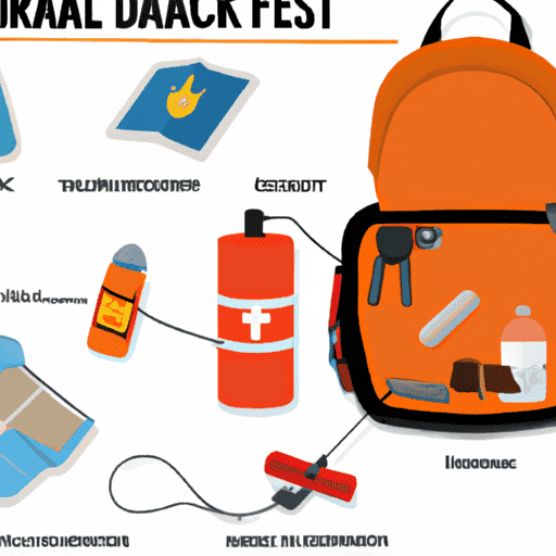 Ize a neatly organized camping backpack open to display safety items: first-aid kit, headlamp, map, compass, whistle, multi-tool, fire starter, bear spray, water purification tablets, and bright orange emergency blanket