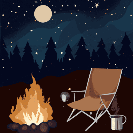  an image featuring a cozy campfire, a plush sleeping bag, a comfortable camping chair, a lantern hanging from a tree and a warm mug of hot cocoa, all under a starlit sky