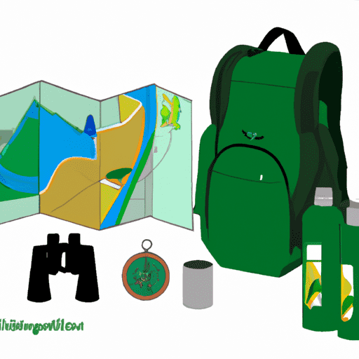  an image featuring a neatly packed backpack with camping gear, a recyclable water bottle, binoculars, trail map, compass alongside a picked up litter, in a lush green forest setting